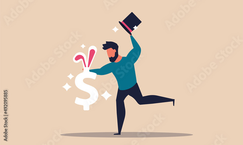 Magical dollar and fortune incentive to investment. Jackpot earn and illusion with magician hat vector illustration concept. Luck rabbit money and wealth income to businessman. Business giveaway