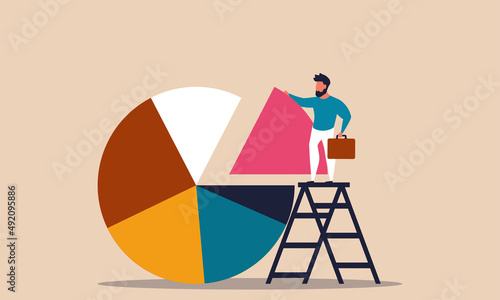 Invest asset and diversify money chart. Investor plan and crisis finance cost. Decision pie graph vector illustration concept. Performance management and rebalance protection. Revenue assets return photo