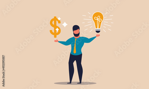 Smart money and finance think sign. Cash bonus decision and make clever dollar with people plan vector illustration concept. Save entrepreneur finances and improvement investment idea. Creativity earn