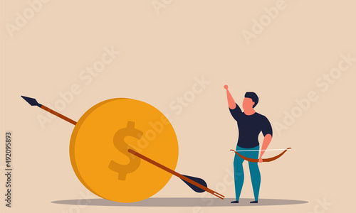 Challenge saving money and achievement target. Growth finance entrepreneur and motivation win vector illustration concept. Investment income and budget reach profit. Successful targeting wealth