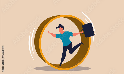Inefficient business race and rat work. Drudgery hamster run and workaholic loop career vector illustration concept. Hard workout and routine unsuccessful. Frustration businessman and motivation
