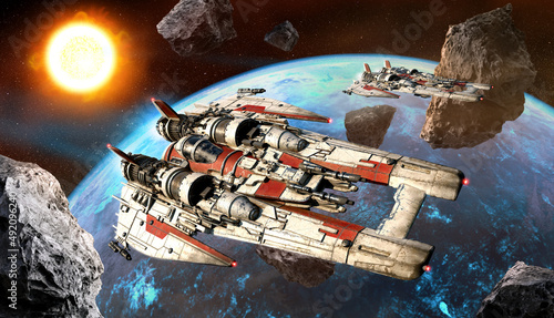 Foto space fighters above planet 3D illustration