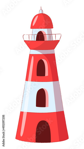 Cartoon lighthouse with red line. Flat vector illustration isolated on white background. © Natali Illar