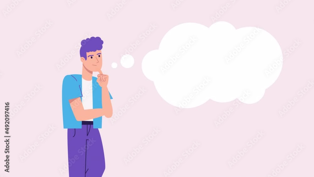 young man thinking animation. speech bubble or thought bubble above his head with copy space for text. think, analyse. animated template video. Modern cartoon style. Question, problem concept young man thinking animation. speech bubble or thought bubble above his head with copy space for text. think, analyse. animated template video. Modern cartoon style. Question, problem concept