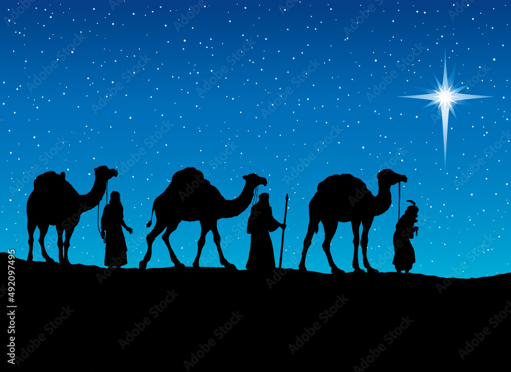 Three Wise kings following Star of Bethlehem. Vector illustration Three Wise kings following Star of Bethlehem. Vector illustration
