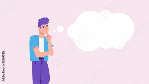 young man thinking animation. speech bubble or thought bubble above his head with copy space for text. think, analyse. animated template video. Modern cartoon style. Question, problem concept