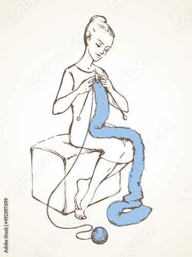 Woman knits a scarf. Vector sketch drawing