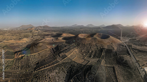 Aerial views of the volcanoes on the island of Lanzarote belonging to the whole of the Canary Islands