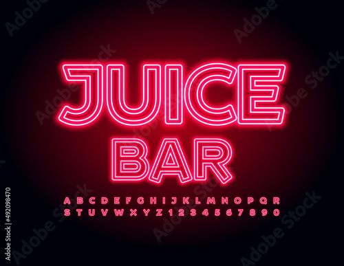Vector glowing emblem Juice Bar. Red Neon Font. Creative electric Alphabet Letters and Numbers set