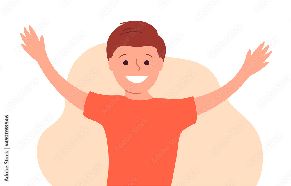 Portrait of a little happy boy. A smile on his face. Hand gesture. Flat vector illustration isolated on white background