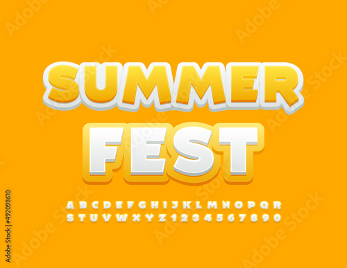 Vector bright poster Summer Fest. Sunny Yellow and White Font. Modern Alphabet Letters and Numbers set