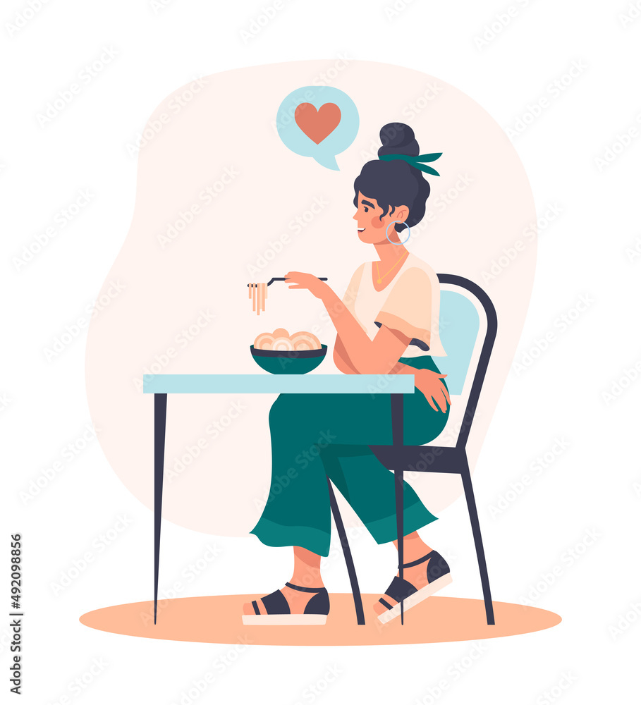 Fototapeta premium Eating healthy food. Diet vegetarian with salad in kitchen. Girl eats natural and organic products. Delicacy and delicious breakfast. Character in restaurant or cafe. Cartoon flat vector illustration