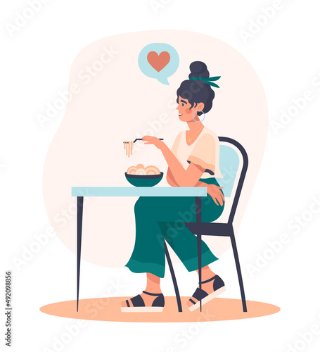 Eating healthy food. Diet vegetarian with salad in kitchen. Girl eats natural and organic products. Delicacy and delicious breakfast. Character in restaurant or cafe. Cartoon flat vector illustration