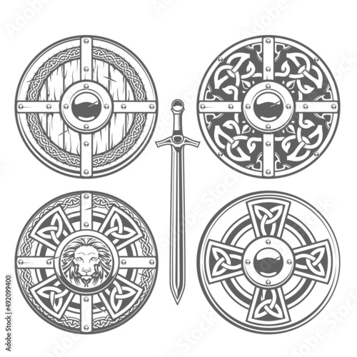 Tela Set of round shields with celtic pattern and medieval ornaments, knight armor, c