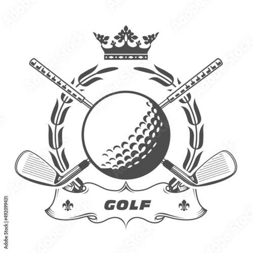 Golf club emblem, crossed golf clubs and ball, laurel wreath and banner, award, vector
