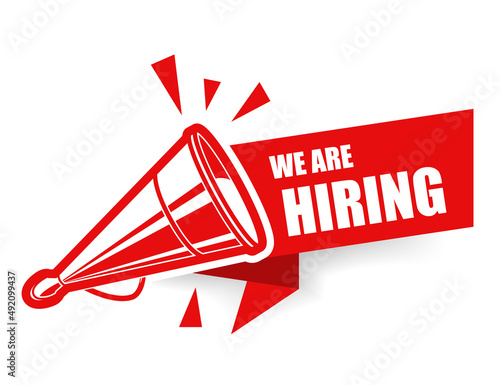 We are hiring, vacancy banner with vintage megaphone or loudspeaker, job announcement, vector photo