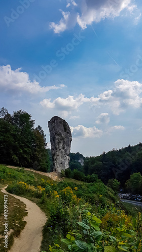 A hiking trail leading to the limestone stack called Hercules bludgeon in the Ojcow National Park near Krakow,Lesser Poland, Poland.Rock formation.Jurassic Krakow-Czestochowa.Pieskowa Skala photo