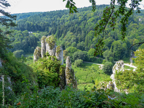 A panoramic view on Skala Biala Reka (the White Hand rock) in the Ojcow National Park near Krakow, Lesser Poland, Poland. Tatra mountains. Limestone rock formation. Jurassic Krakow-Czestochowa Upland
