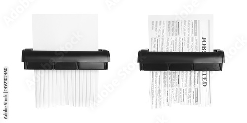 Destroying paper with shredders on white background, collage. Banner design