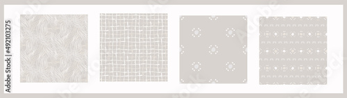 French gray linen seamless pattern set. Tonal farmhouse cottage style background. Simple vintage rustic fabric textile effect. Primitive modern shabby chic kitchen cloth design group. 