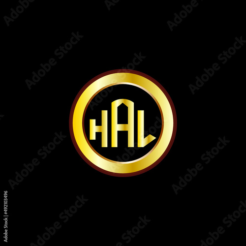 HAL letter circle logo design. HAL letter logo design with black background. HAL creative letter logo with gold colors.
