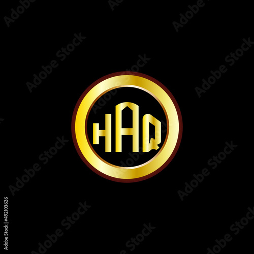 HAQ letter circle logo design. HAQ letter logo design with black background. HAQ creative letter logo with gold colors.
 photo