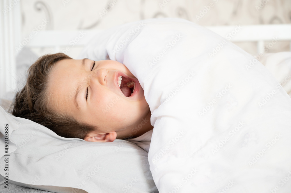 Cute little boy wake up in his comfortable bed in the morning and yawns. Good morning