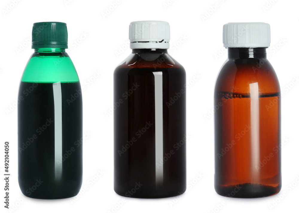 Set with cough syrup on white background Set with cough syrup on white background
