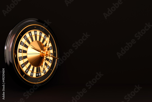 Realistic casino gambling roulette wheel on white isolated background. Realistic casino roulette table. Black and gold colors. Gambling concept design. 3d rendering illustration.
