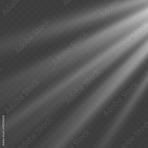 Bright white rays of light and sun, spotlights, illumination on a transparent background