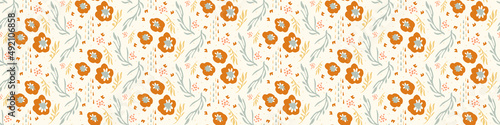 Pastel boho flowers seamless border pattern in trendy ditsy wildflower style. Hand drawn organic botanical fashion edging trim. Modern summer garden bloom in natural vintage cottage core ribbon banner
