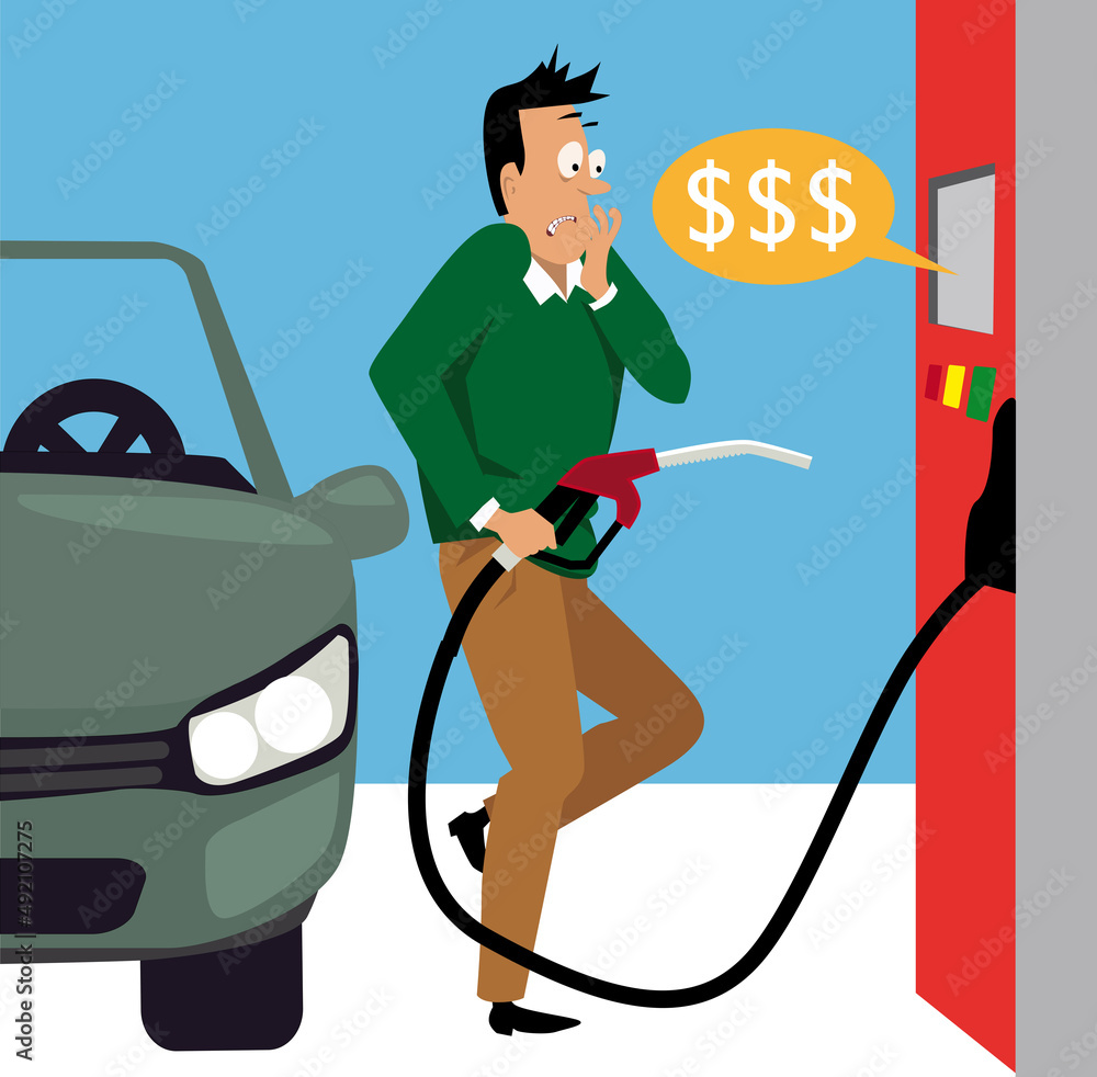 Man shocked by high gas prices at the fueling pump, EPS 8 vector illustration Man shocked by high gas prices at the fueling pump, EPS 8 vector illustration