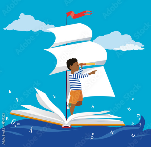 Little boy sailing on a book ship in the sea with letters, EPS 8 vector illustration