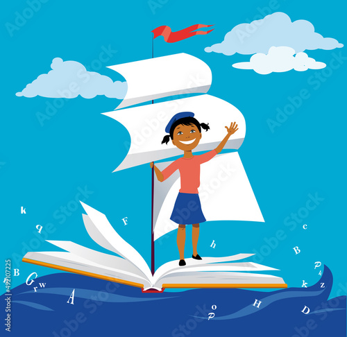 Little girl sailing on a book ship in the sea with letters  EPS 8 vector illustration