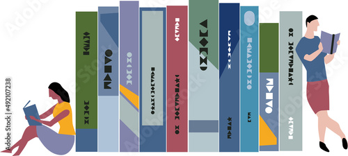 Schilderij op canvas Reading people as bookends for a line of oversized books with artificial non-exc