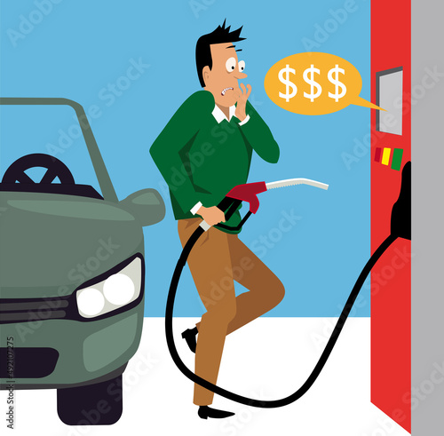 Man shocked by high gas prices at the fueling pump, EPS 8 vector illustration 