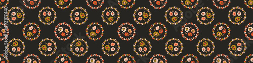 Dark boho flowers seamless border pattern in trendy ditsy wildflower style. Hand drawn organic botanical fashion edging trim. Modern summer garden bloom in vintage cottage core ribbon style
