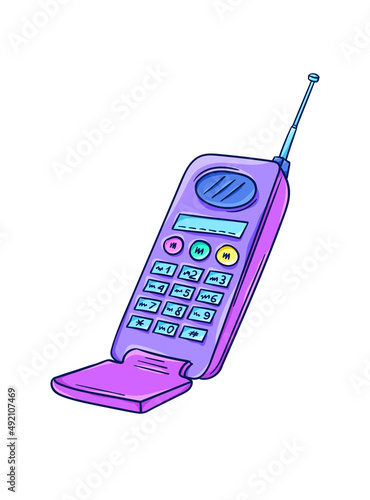 Mobile phone illustration. Retro cellphone. Cellular phone retro technology. 90s style vector. 1990s trendy illustration. Nostalgia for the 90s.