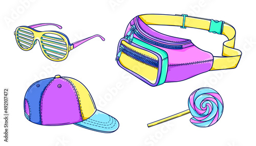 90s fashion illustration. Retro waist bag, plastic glasses, cap. Party glasses. 90s style vector. 1990s trendy illustration. Nostalgia for the 90s.