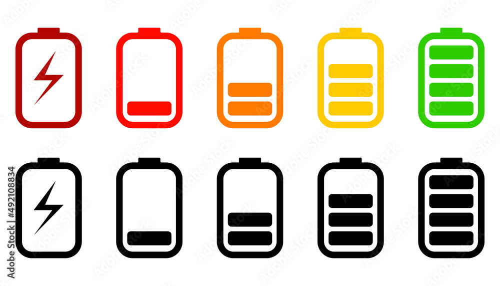 Battery power/charge levels icon set. Full to empty. Colored and black variations. Battery power/charge levels icon set. Full to empty. Colored and black variations.