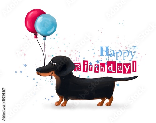 Canvas Print birthday card with cartoon dachshund and air balloons, watercolor style illustra