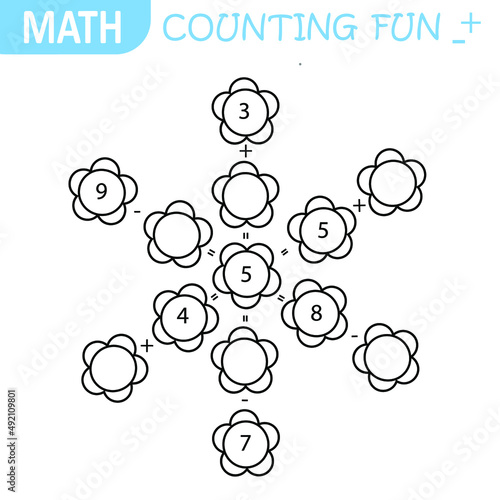 Fun math game for kids. Count and color flower. Solve logic puzzle with mathematics task. Education worksheet. Coloring page.