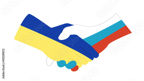 Handshake of Russia and Ukraine. Truce. Handclasp. Flag. Flat, vector