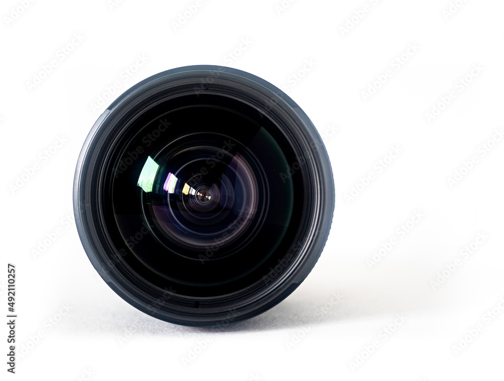 Objective lens of photo camera for photo or video closeup on white background