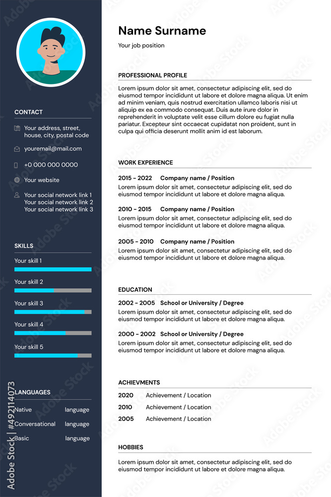 CV resume form template for job search. Curriculum vitae interview sample blank document with man photo. Page design filling out example for work vacancy. Vector eps illustration
