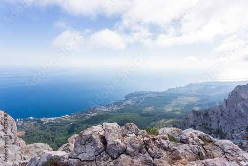 Panoramic view of the city of Yalta from the Ai-Petri cliff. Crimean nature. The Republic of Crimea.