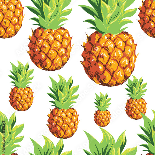 Pineapples with palm trees. Seamless pattern with ripe juicy tropical fruits and plants. Vector image. 