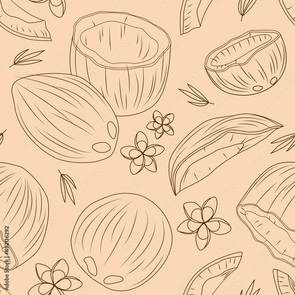Coconut tropical seamless pattern with plumeria. Outline