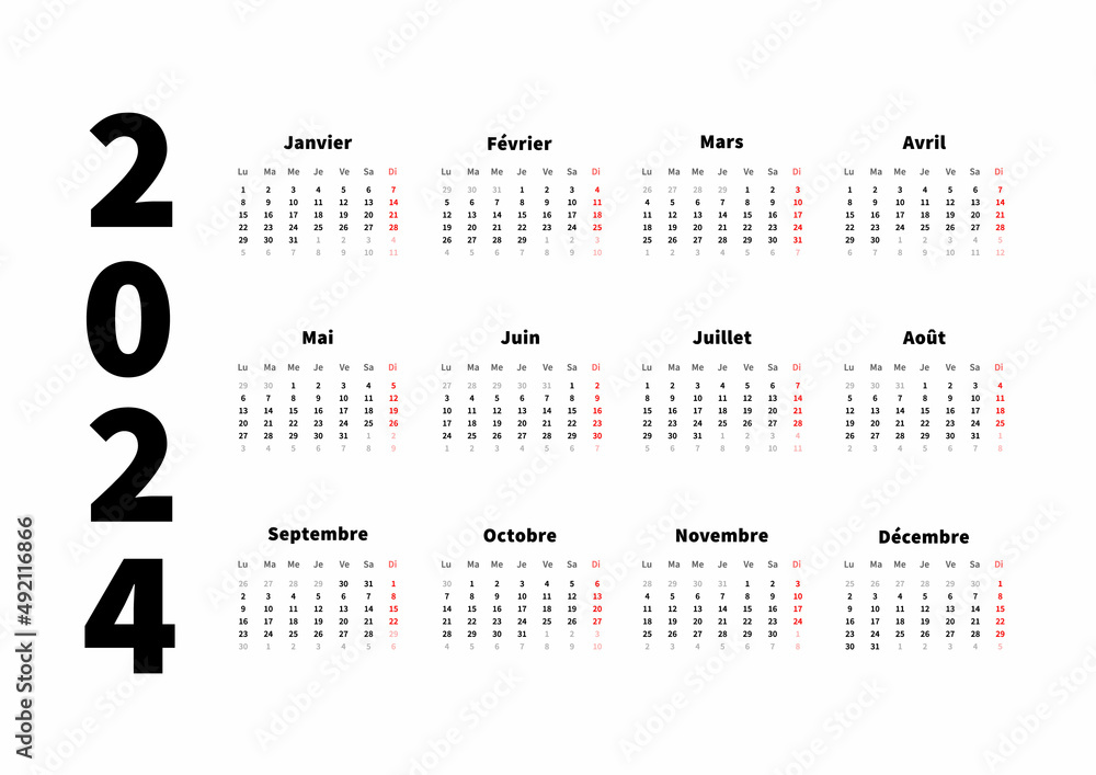 2024 year simple horizontal calendar in french language, typographic