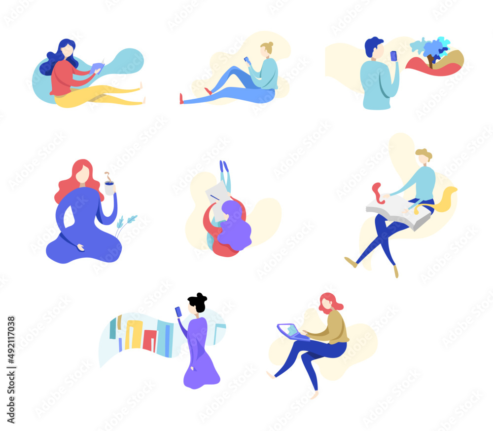 Set of people in different poses, sitting, dealing, looking at their devices. Vector Illustration. 